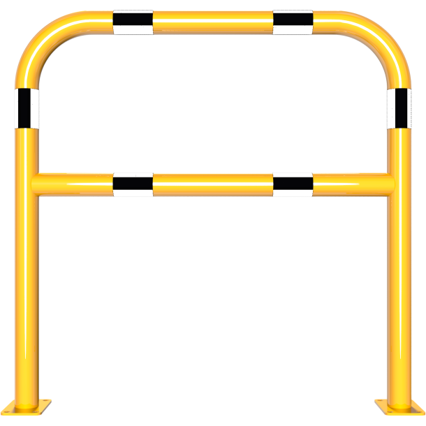 Protective bar made of steel tubing |  60 x 2.5 mm | with crossbar | total width: 1000 mm | total height: 1000 mm | hot-dip galvanized and yellow coatedwith black warning stripes